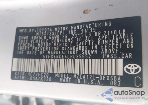 2020 Toyota Corolla Se z USA, uszkodzony, nr VIN 5YFS4RCE4LP035952